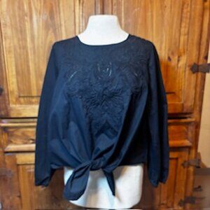 INC Black Tie-Front Embroidered Top – Size M